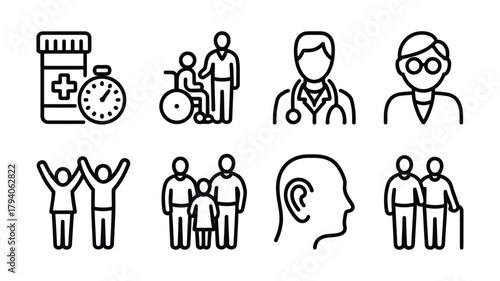 Healthcare and people icons for medical services and assistance