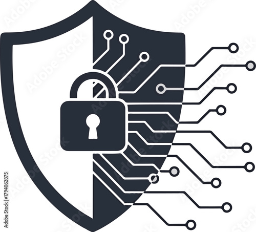 Cybersecurity concept icon illustrating a shield and padlock with digital circuit signal pathways for data protection and network privacy