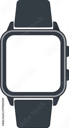 A minimalist vector icon of a modern smartwatch featuring a blank white screen. This digital wearable technology illustration serves as a perfect template or mockup for app interfaces