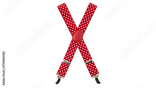 Red fabric straps with white polka dots form an X shape against a solid black background