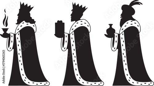 The Three Wise Men silhouette. Biblical Magi walking with gifts for Jesus. Christian Christmas and Epiphany story vector illustration of Melchior Caspar and Balthazar
