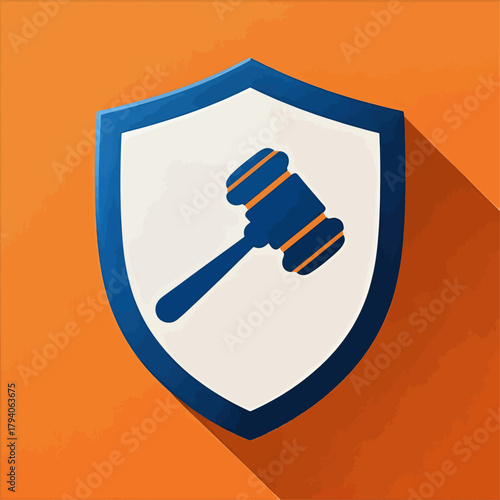 Judge gavel icon with shield, flat design, isolated