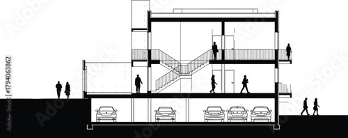 Architectural section drawing of modern residential building with parking area, staircase, and walking people, detailed structure vector design illustration