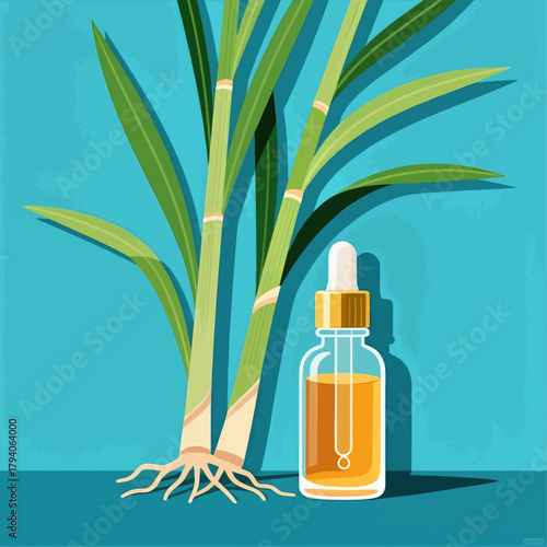 Lemongrass plant with essential oil bottle, flat design