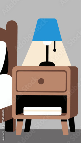 Minimal bedroom nightstand with lamp, modern vector illustration