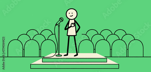 Minimalist public speaker on stage, flat design, audience background