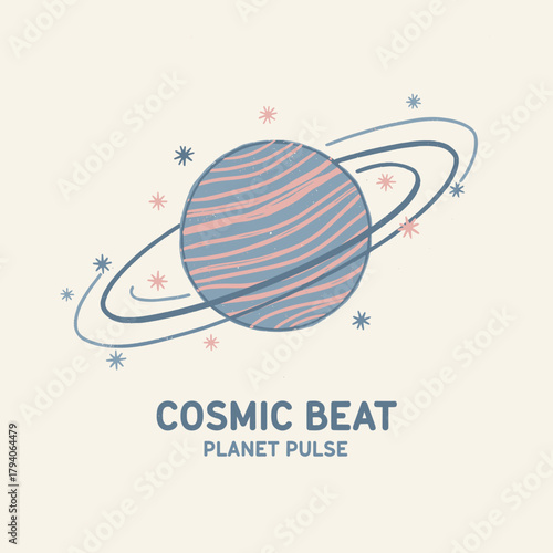 Retro Planet Graphic.Cosmic Beat Illustration.Vintage Space Print.Textured Ringed Planet.Aesthetic Cosmic Sticker