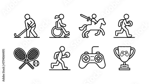 Collection of sports and gaming icons in a simple line art style