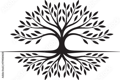 Tree with roots black and white line art silhouette