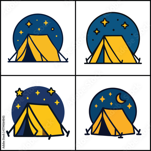 Camping tent icons with starry night sky