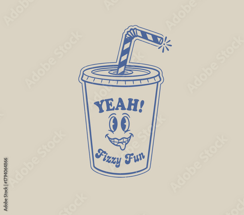 Fizzy Fun Soda Mascot.Retro Cartoon Drink Cup.Vintage Fizzy Sticker Design.Groovy Beverage Illustration.Happy Soda Pop Graphic