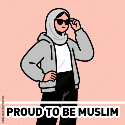 Muslim woman with hijab adjusting sunglasses, modern vector illustration, isolated