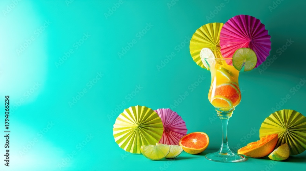 Naklejka premium Colorful cocktail with decorative elements against a vibrant turquoise backdrop