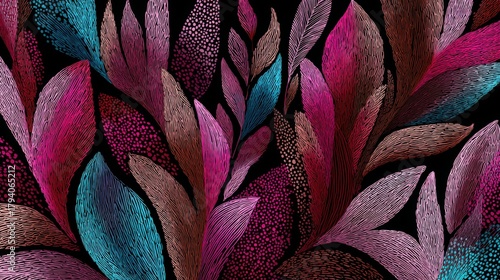 Abstract Multicolored Leaves Pattern with Vibrant Shades on a Dark Background for Artistic and Creative Design Applications