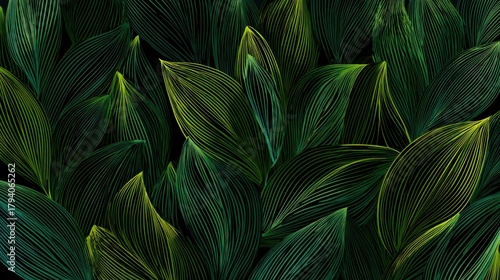 Vibrant Green Leaves with Intricate Line Patterns on a Dark Background for Nature and Botanical Concepts
