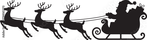 Vector Christmas black and white illustration with Santa Claus riding his sleigh pulled by reindeers