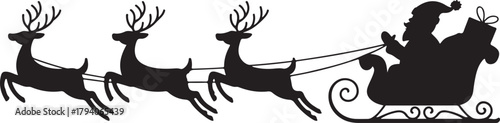 Vector Christmas black and white illustration with Santa Claus riding his sleigh pulled by reindeers