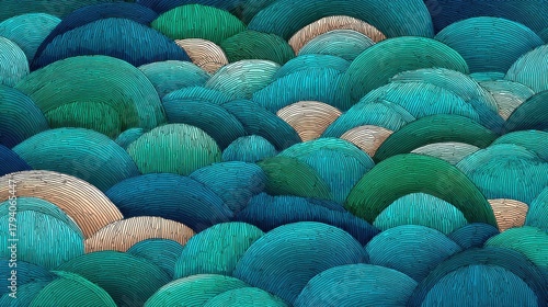 Colorful Abstract Waves of Curved Lines Forming a Beautiful Texture in Vivid Shades of Green and Blue on a Digital Canvas