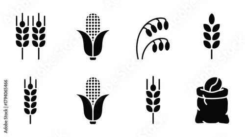 Collection of grain and corn icons with a sacked grain bag