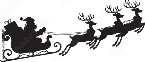 Vector Christmas black and white illustration with Santa Claus riding his sleigh pulled by reindeers
