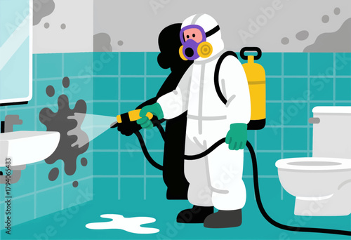 Pest control worker spraying chemicals in bathroom flat illustration