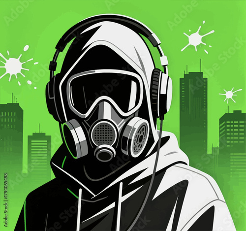 Person in gas mask with headphones, vector illustration, urban background