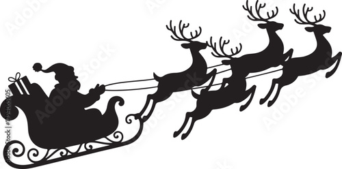 Vector Christmas black and white illustration with Santa Claus riding his sleigh pulled by reindeers