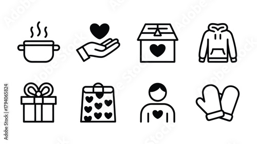 Charity and donation icons representing giving and support
