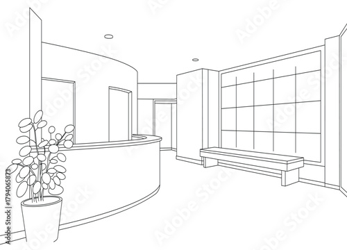 Modern Interior Sketch of a Waiting Area with Curved Reception Desk and Bench Seating a Minimalist Architectural Design