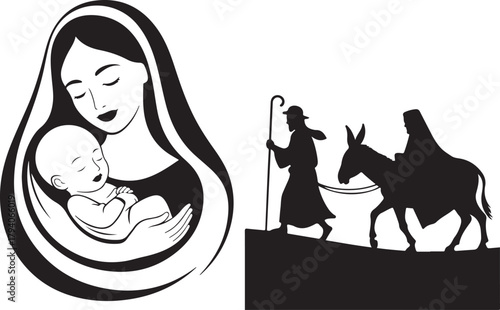Virgin Mary with baby Jesus and the Flight to Egypt silhouette set. Holy Family traveling on a donkey. Christian Nativity and Christmas story vector illustrations.