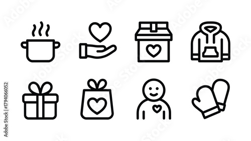 Collection of simple line icons representing charity and donation concepts