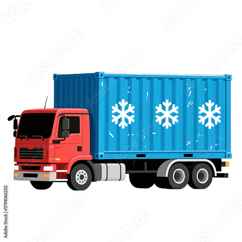 Refrigerated Blue Container Truck with Snowflake Design