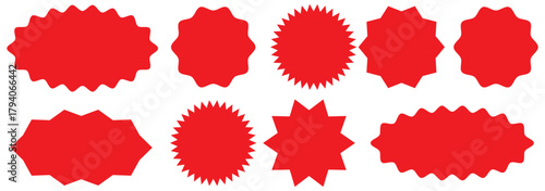 Set of red starburst, sunburst badges, Sale sticker, price tag, starburst icon set , Circle sticker set. Wavy edge promo red badges. Star burst shape tags for price. Red sale tag 