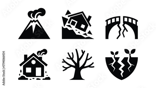 Set of icons representing natural disasters and their impact