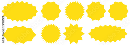 Set of yellow star burst shape tags for price. Circle sticker. Wavy edge promo badges. Set of burst tag icons. A collection of starburst stickers. eps 10
