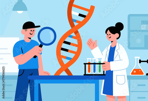 Scientists analyzing DNA cartoon flat design laboratory scene