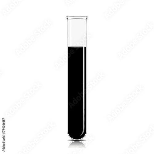 A single glass test tube filled with black liquid, isolated on a
