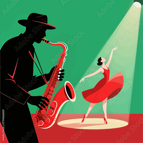 Saxophone player and dancing woman, retro illustration, stage spotlight