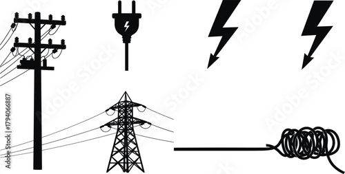 Electric power line vector set featuring utility pole, plug icon, lightning symbols, transmission tower illustration, cable wire coil silhouette collection