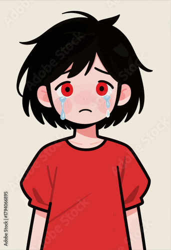 Sad child with red eyes crying, minimal illustration on white background