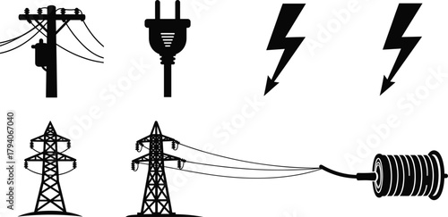 Electric utility vector set featuring power poles, electric plug, lightning bolts, transmission towers, cable reel, energy symbols for industry illustration