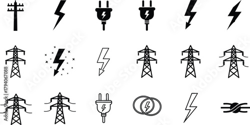 Electricity and energy vector icon set featuring power lines, plugs, lightning symbols, transmission towers, cable elements, high voltage illustration graphics