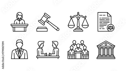 Legal icons representing justice courtroom and law concepts