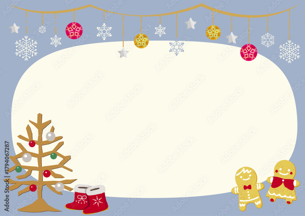 Fototapeta premium 笑顔のジンジャークッキーとクリスマスガーランドのかわいいフレーム素材