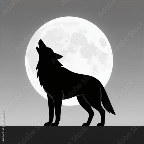 Silhouette of a wolf howling at the full moon, minimal design