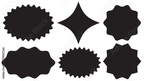 Set Black Starburst sunburst shape, Set Blank price, sale, discount stickers, Circle sticker set, Star burst shape tags for price, Flat vintage labels.