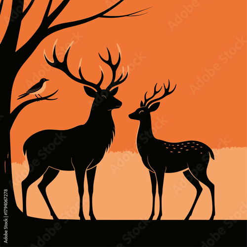 Silhouette of two deer with antlers at sunset, minimal silhouette style