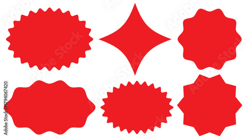 Set of red starburst, sunburst badges, Sale sticker, price tag, starburst icon set , Circle sticker set. Wavy edge promo red badges. Star burst shape tags for price. Red sale tag 