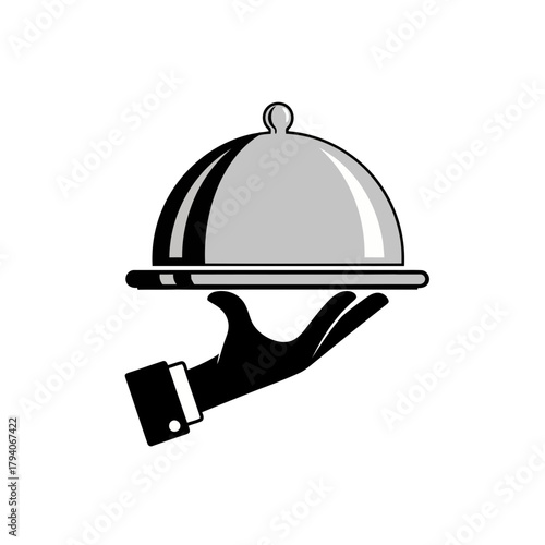 A black gloved hand holding a silver cloche or food dome