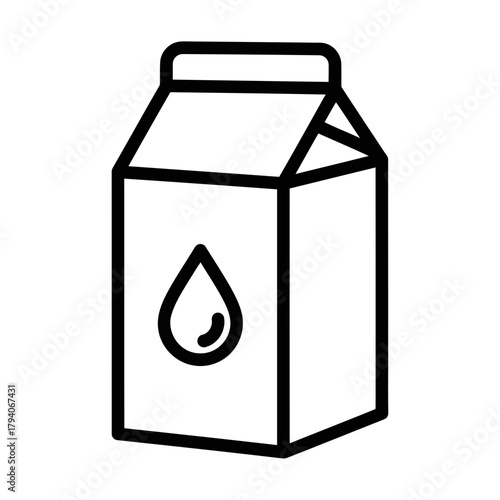 A simple line art icon of a milk carton with a water drop symbol on a
